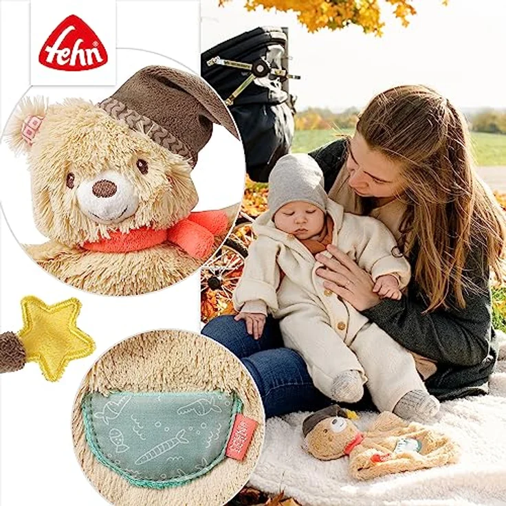 Fehn 060140 Schmusetuch Bär | Schnuffeltuch mit Bär-Köpfchen zum Greifen, Fühlen, Knuddeln und Liebhaben | Für Babys und Kleinkinder ab 0+ Monaten, Bär, Bruno – Bild 6