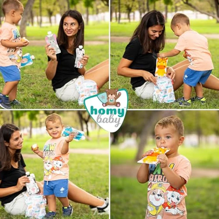 HOMYBABY® Wiederverwendbare Quetschbeutel für Babynahrung, 4 Stück mit lustigen Tiermotiven, 148 ml, BPA-frei, inklusive kostenloses E-Book mit Brei-Rezepten, ab 6 Monaten – Bild 4