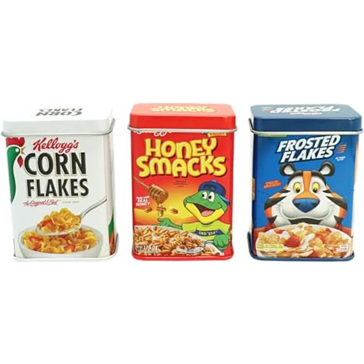 tanner DER KLEINE KAUFMANN TANNER Deco - Kelloggs Metalldosen Set, 3 Stück mit abnehmbaren Deckeln, lebensmittelechtes Design, ideal für Kaufmannsladen, 0085.6