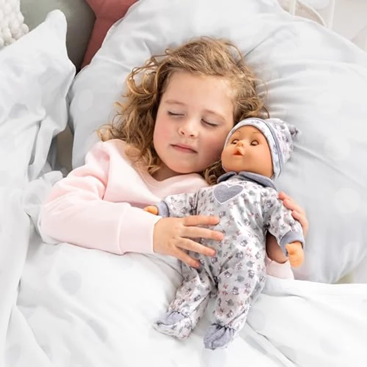 Bayer Babypuppe First Words Baby, 38 cm, grau, mit Schlafaugen, Babygeräuschen und Zubehör (Flasche, Schnuller) – Bild 6