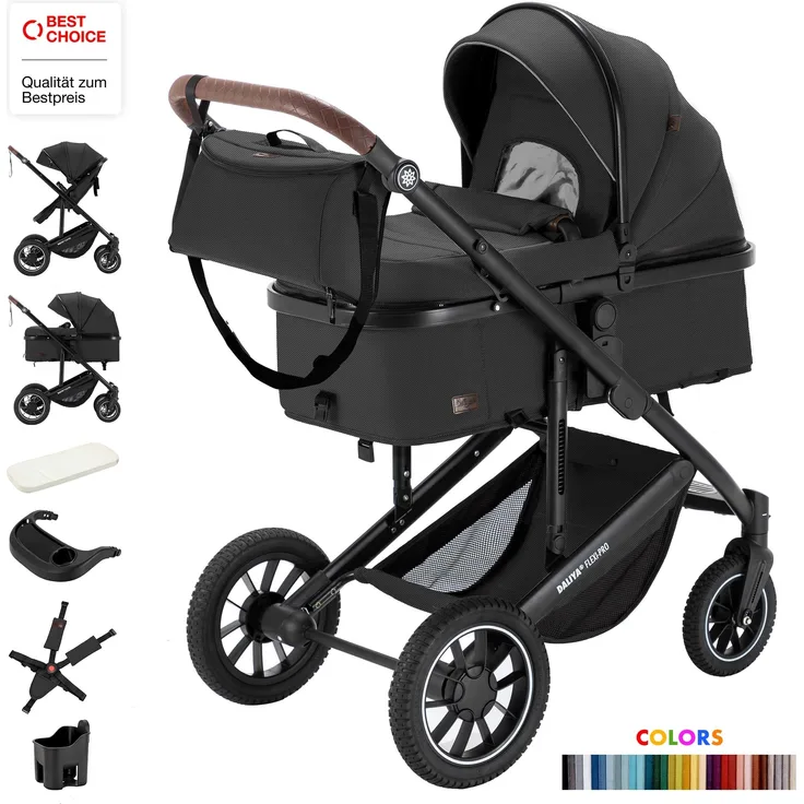 Daliya® FLEXI-PRO 2in1 Kombikinderwagen & Buggy, Dunkelgrau Leinen, umstellbar zum Sportwagen, leichter Reisekinderwagen mit großem Einkaufskorb, sicher & komfortabel für Stadtfahrten und Reisen
