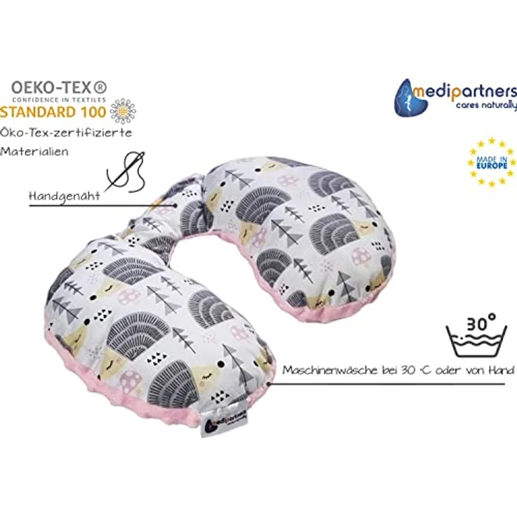 Medi Partners NACKENKISSEN Kinder Nackenhörnchen, 100% Baumwolle/Minky, graue Igel mit hellrosa Minky, antiallergische Füllung, optimal für den Komfort im Auto und Kinderwagen – Bild 4