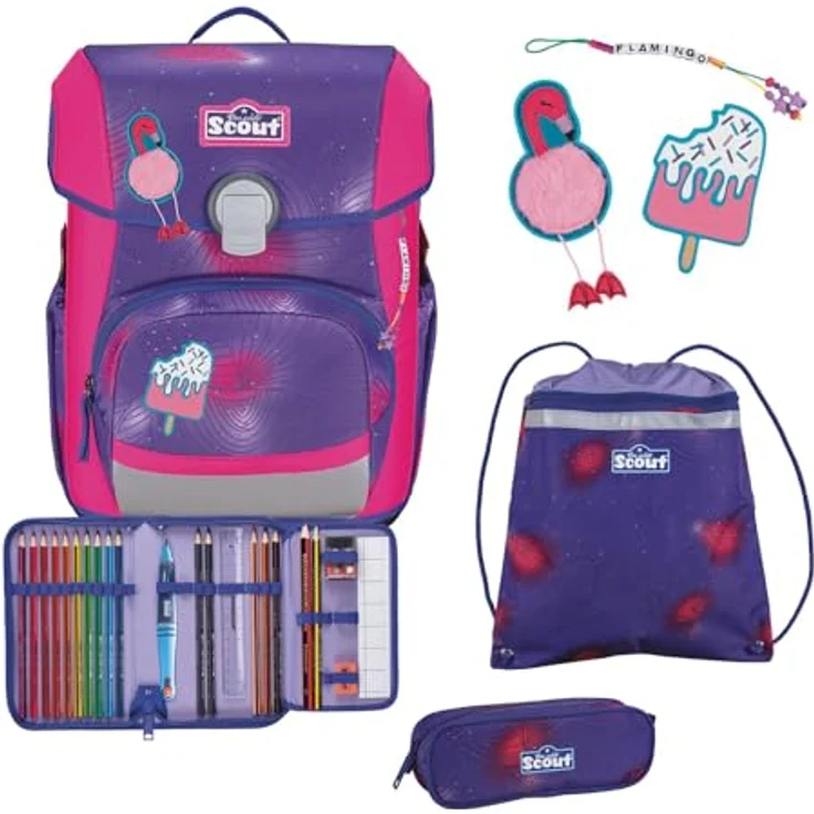 Scout Basic Neo Set 4-teilig Summer, Schulranzen-Set mit reflektierender Oberfläche, fluoreszierend, inkl. 2x Schlampermäppchen und Sportbeutel – Bild 1