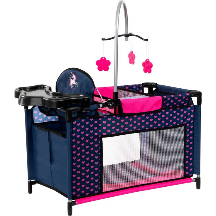 Bayer Puppenbett Puppenmultibett, blau, Mit integriertem Hochstuhl, Wickelablage und Mobile