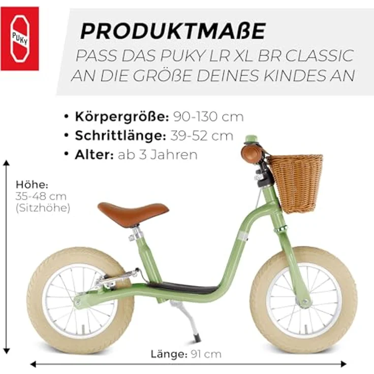 Puky LR XL BR Classic Vintage-Laufrad | Retro-Grün | Tiefem Rahmeneinstieg & Trittbrett | 12,5 Zoll Luftbereifung 2.0" | Sicherheit mit V-Brake & Speziellem Einstieg | Ideal ab 3 Jahren & 95 cm Größe – Bild 4