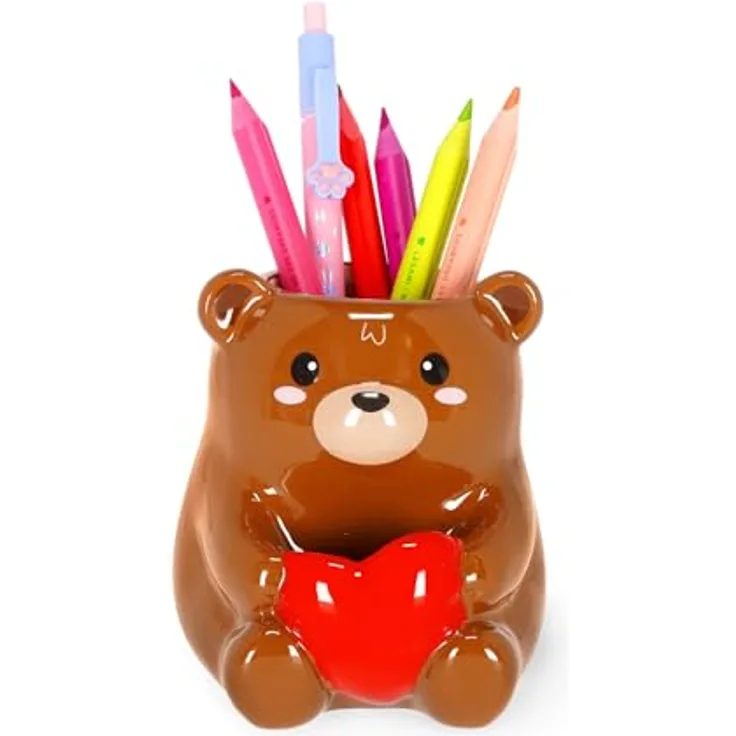 Legami Desk Friends Stifthalter aus handbemalter Keramik, Teddy Bear Motiv, Schreibtisch-Organizer, Geschenkidee, 12,5 cm x 15 cm x 12 cm