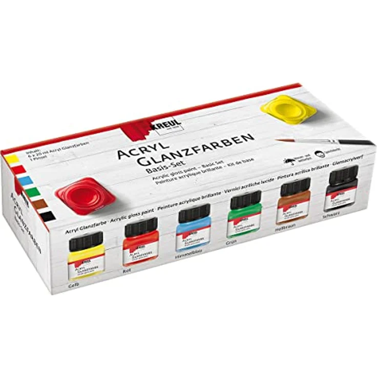 KREUL 79600 Acryl Glanzfarben Set, 6 x 20 ml glänzend-glatte Farben in Gelb, Rot, Himmelblau, Grün, Hellbraun und Schwarz, schnelltrocknend, deckend, auf Wasserbasis – Bild 1