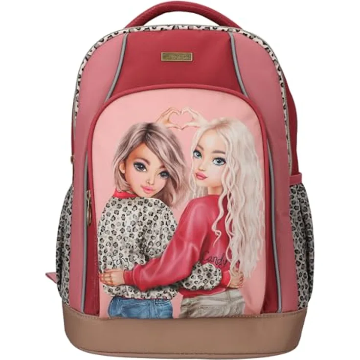 Depesche TOPModel Leoheart Schulrucksack, rot-rosa, mit Model Motiv, Leo-Print, 2 Fächer, verstellbare Träger