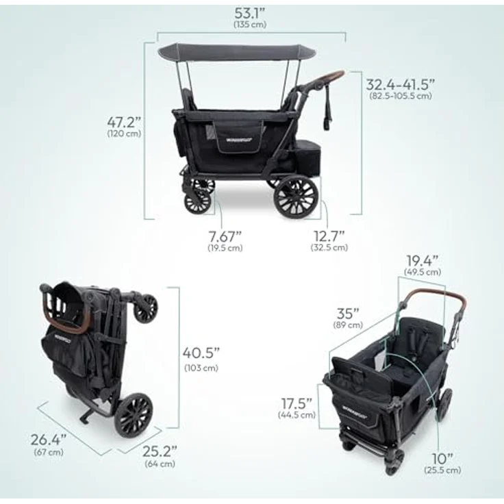 Wonderfold L2 Kombikinderwagen für 2 Kinder, kompakter Bollerwagen mit seitlicher Tür, flexible Sitzbänke, 360°-Räder und Klappmechanismus, schwarz – Bild 9