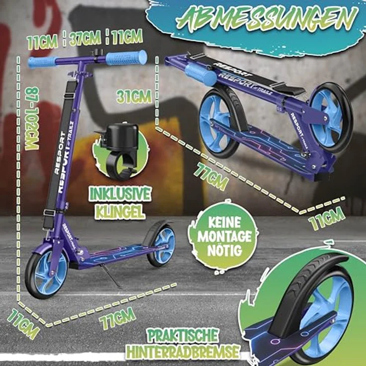 RE:SPORT Cityroller RE:SPORT® Trailz, höhenverstellbar & klappbar, große 200-mm-Rollen, inklusive Tragegurt & Klingel, bis 100 kg belastbar – Bild 8