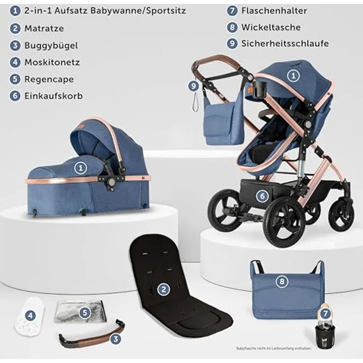 Bergsteiger Nizza 3 in 1 Kinderwagen, Kombikinderwagen Komplettset, Babywanne & Buggy Sportsitz inklusive, Auto-Babyschale & Isofix Station optional, grau – Bild 3