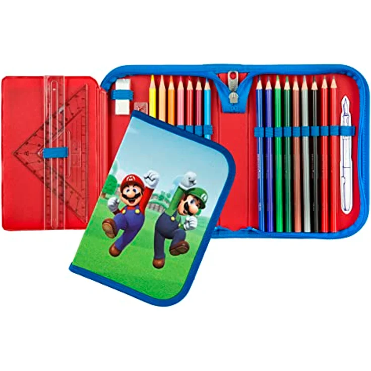 Super Mario gefülltes Schüleretui Federmäppchen inkl. Stiften, Radierer, Lineal etc. I Schlampermäppchen I Etui für die Schule – Bild 4