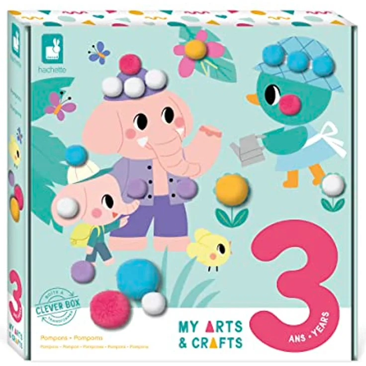 Janod - My Arts & Crafts - 3 Jahre - Pompon-Bastelset - 4 Bilder - Kreatives Hobby Kinder - Feinmotorik und Konzentration - J07741