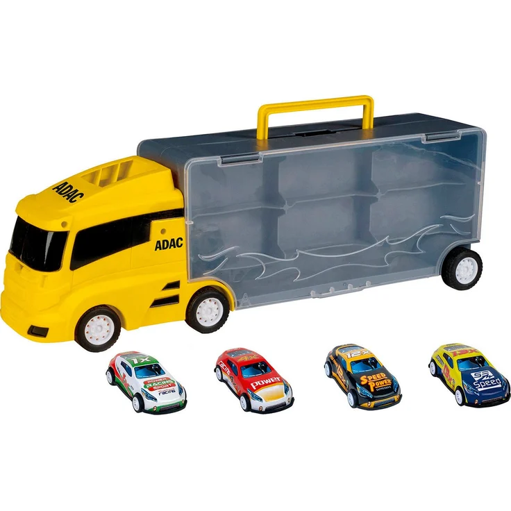 Happy People Spielzeug-LKW ADAC Autotransporter Koffer, 36 cm lang, inklusive 4 Autos