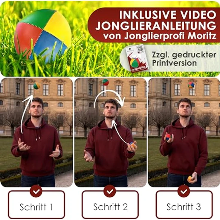 Weidebach® 3X Qualitäts Jonglierbälle Set, 130g, Ø 67 mm, wasserunempfindlich, inkl. 3 Jongliertücher und Anleitung, ideal für Anfänger und Profis – Bild 5