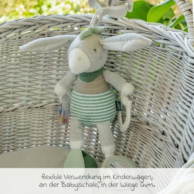 Fehn Greifspielzeug Eselchen, Activity Motorikspielzeug mit Klemme und Glöckchen, ab Geburt, 40 cm – Bild 8
