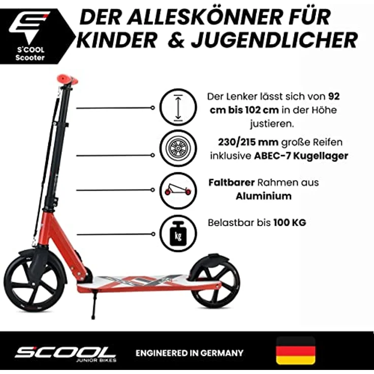 S'COOL Flax 8.5 Kinderroller in Rot - Klappbar und höhenverstellbar mit Hinterradbremse | Lenkerhöhe: 102 cm – Bild 2