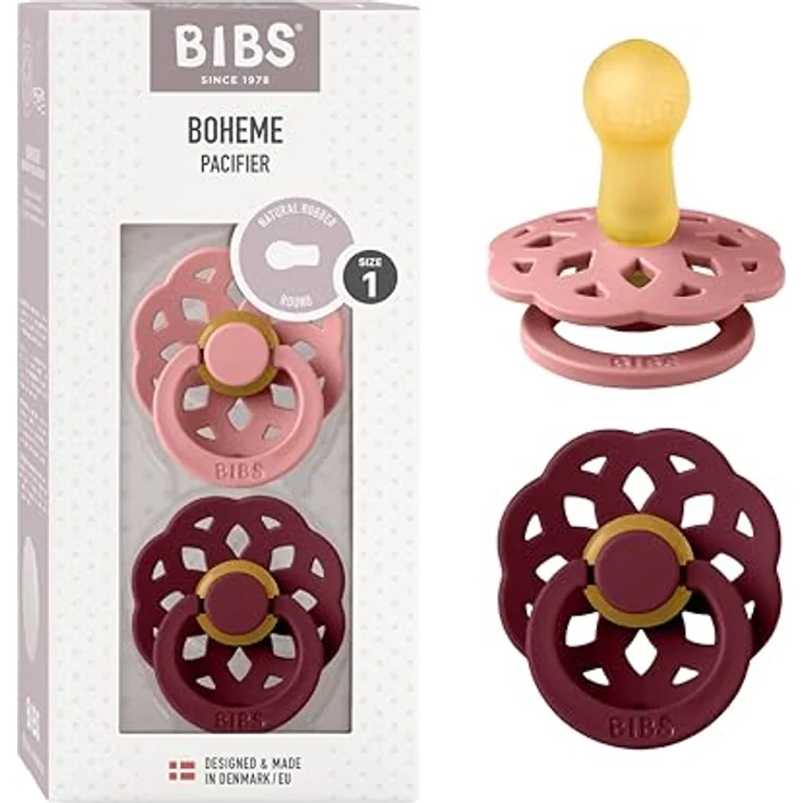 BIBS Boheme Natural Rubber Schnuller Größe 1, 0+ Monate, 2er Set, Dusty Pink / Elderberry, fördert gesunde Zahnfleisentwicklung – Bild 1