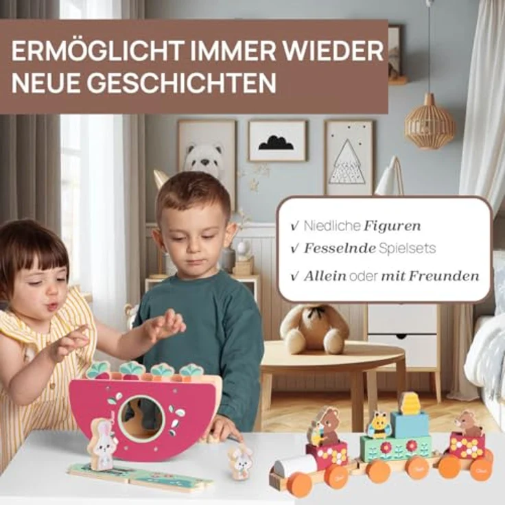 Chicco Teddys Zug - My Wood Friends, Holzeisenbahn mit bunten Bausteinen und 4 Figuren, ab 2 Jahren, FSC®-zertifiziertes Holz – Bild 5