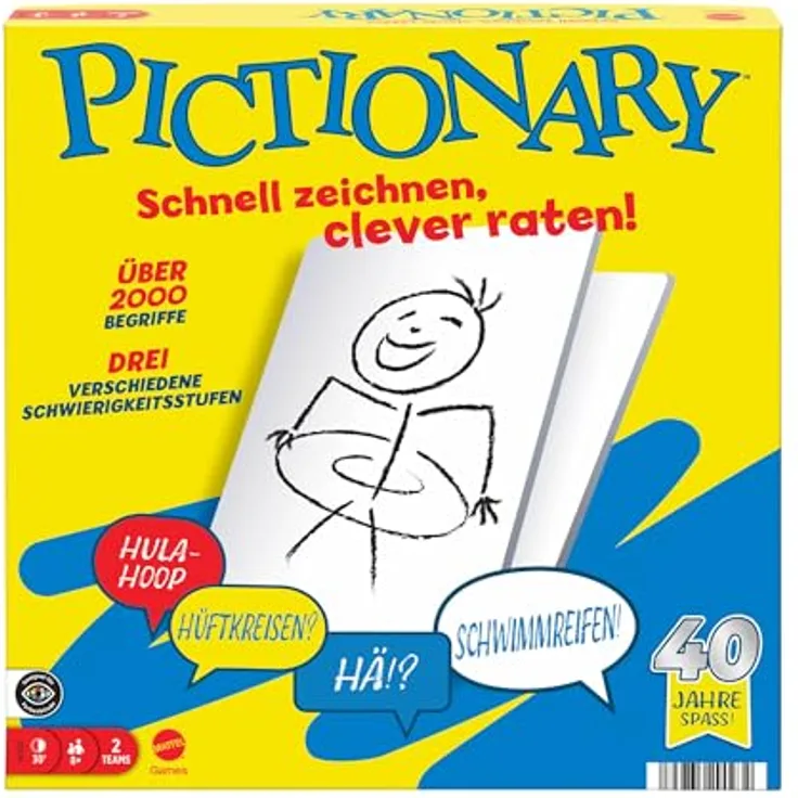 Mattel Games Pictionary Familienbrettspiel für Kinder, Erwachsene und Spieleabende in JDX99, mit löschbaren Stiften, Maltafeln und Sanduhr