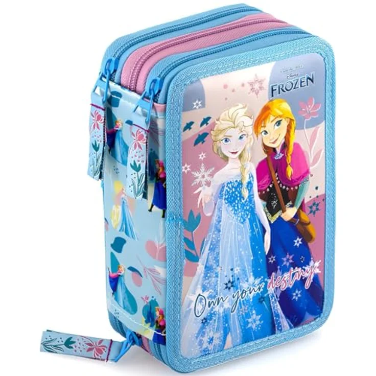 Clondo Mädchen 3-Fach Federmäppchen für Die Eiskönigin Frozen – 45-teilig, komplett gefüllt, blau – mit 2 löschbaren Gelstiften, Schere, Kleber, Buntstiften, ideal für Schule & als Geschenk – Bild 1
