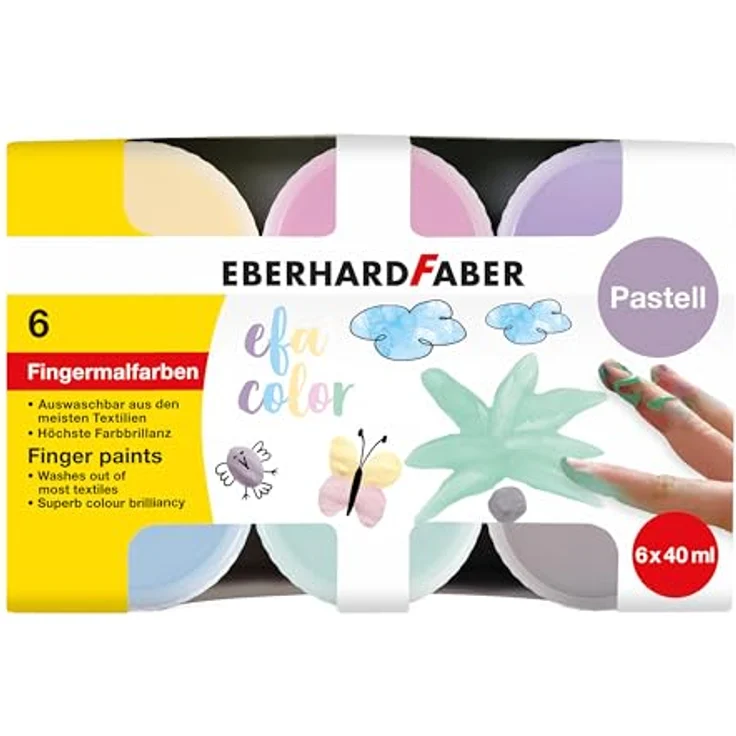 EBERHARD FABER EFA Color Pastell Fingerfarben, 6 Farben à 40 ml in Pfirsich, Mint, Pastell-Rosa, Flieder, Pastell-Blau, Warmgrau, waschbar, optimal für Kinder und kreative Kunstprojekte – Bild 1