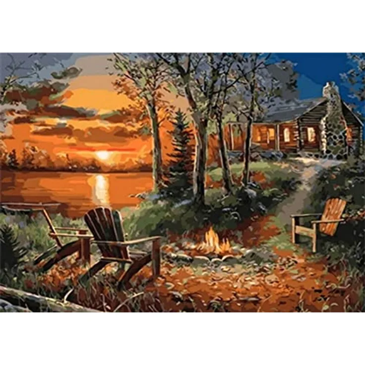 Diamond Painting Set, Bild mit Motiv Lagerfeuer am See und Zubehör, Größe ca. 35 x 25 cm, Bastelset zum Malen mit Glitzersteinchen für Kinder ab 5 Jahren