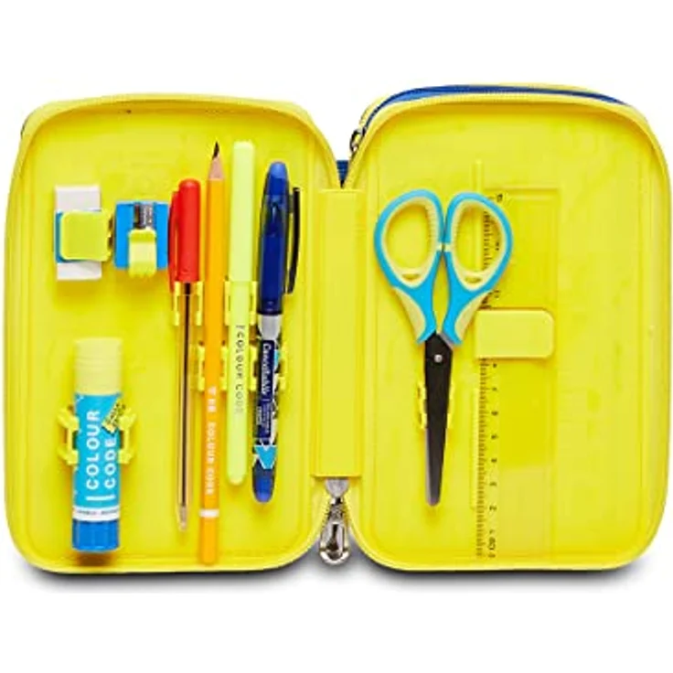 Seven Federmäppchen, mehrfarbiges Etui mit 3 Fächern, inklusive Stiften und Zubehör, XXL, gelb/blau, für Schule und Grundschule – Bild 5