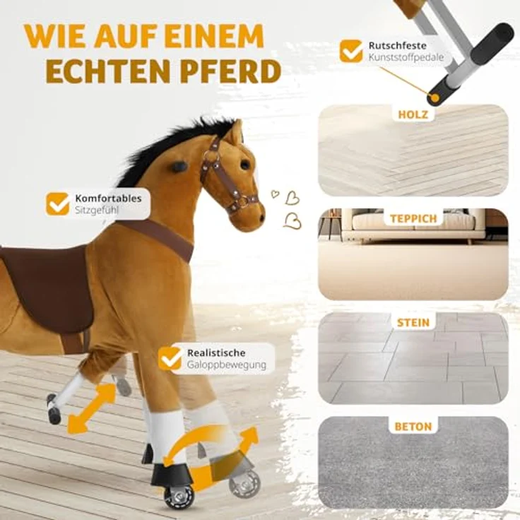 tectake® Schaukelpferd, Plüsch Pferd auf Rollen, Spielzeug zum Reiten - für Kinder, Outdoor - 34 x 89 x 100 cm, Stabiles Stahlgestell, Weicher Plüschbezug – Bild 4