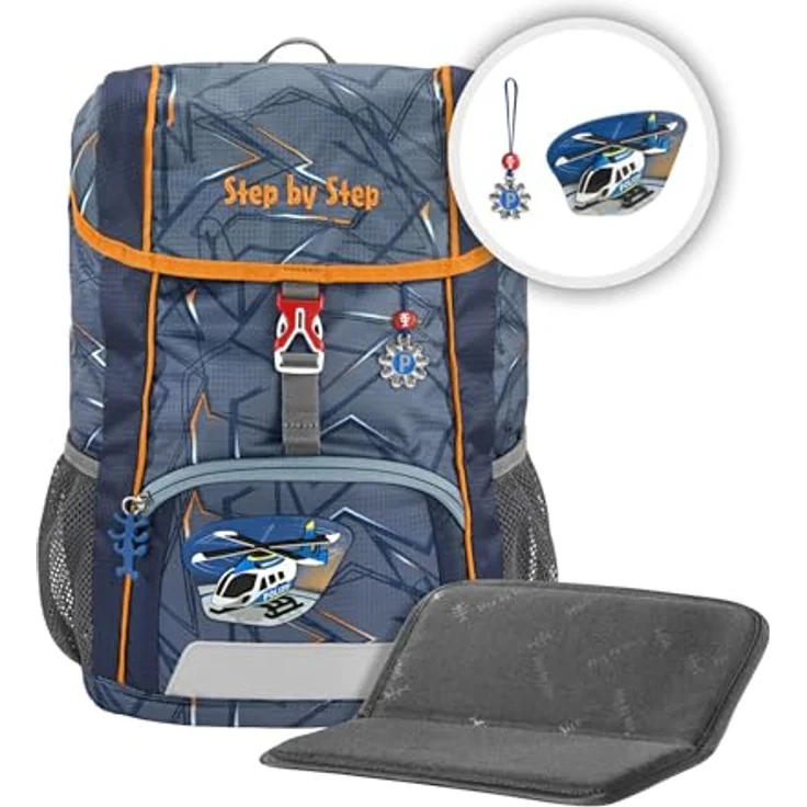 Step by Step Rucksack-Set Kid „Helicopter Sam“, mit Sitzkissen, ergonomischer Mini-Ranzen mit abnehmbarem Brustgurt, für Kindergarten, Vorschule und Freizeit, 13 l, grau-orange – Bild 2