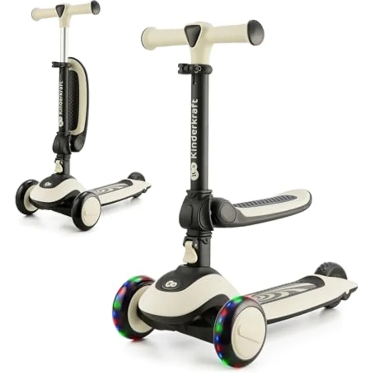 kk Kinderkraft Halley Scooter 2 in 1, Kinderroller ab 1 Jahr bis zu 50 kg, Tretroller, Dreirad Roller mit Klappbar Sitz, LED Räder, Höheverstellbare Lenker, Zusammenklappen, Modernes Design, Weiß