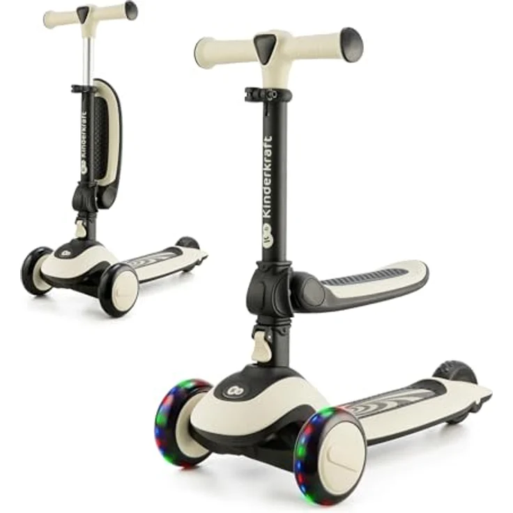 kk Kinderkraft Halley Scooter 2 in 1, Kinderroller ab 1 Jahr bis zu 50 kg, Tretroller, Dreirad Roller mit Klappbar Sitz, LED Räder, Höheverstellbare Lenker, Zusammenklappen, Modernes Design, Weiß – Bild 1