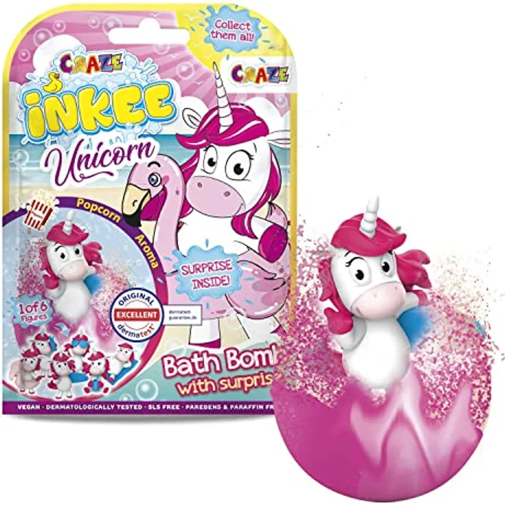 CRAZE INKEE SURPRISE UNICORN BEACH | Einhorn Badekugel mit Überraschung , Badebombe mit Einhornfigur , Pop Corn Aroma , dermatologisch getestet, 1 Stück (1er Pack)