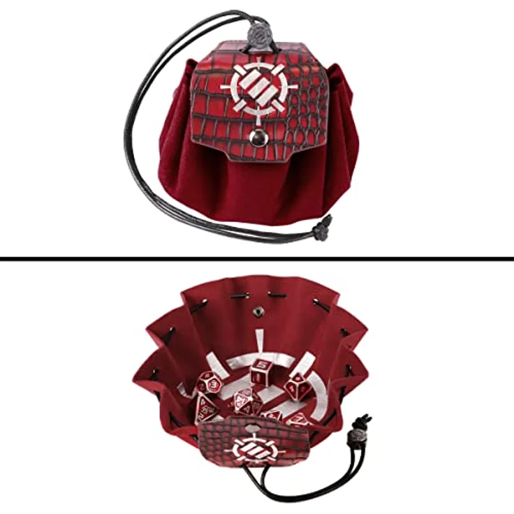 ENHANCE Würfelset aus Metall, 7-teiliges D20 D&D Collector's Edition Set mit 2-in-1-Würfeletui und Würfeltablett aus veganem Leder, rot – Bild 3