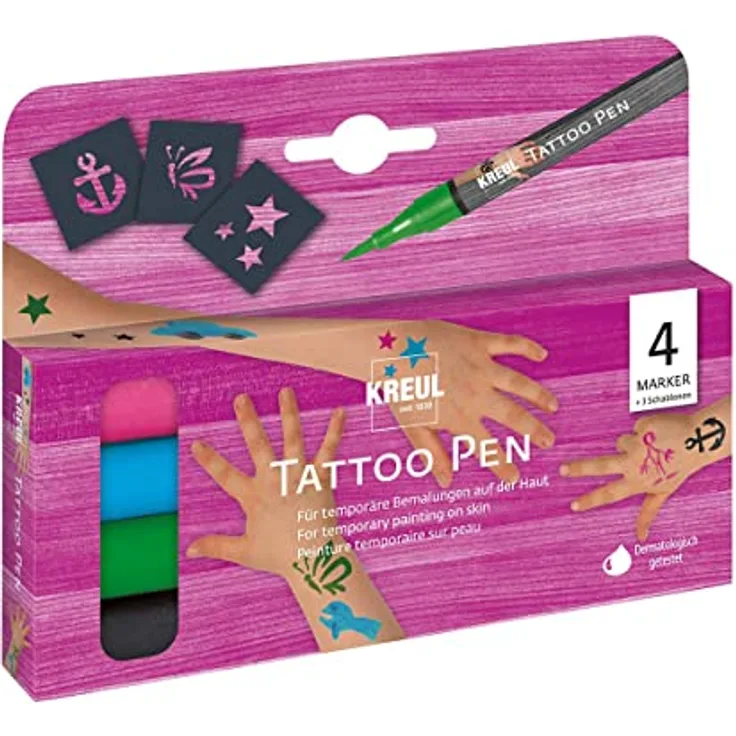 KREUL 62171 - Tattoo Pen Set, 4 Stifte und 3 Schablonen, Kosmetiktinte auf Wasserbasis, hält bis zu 5 Tage, dermatologisch getestet, vegan, parabenfrei