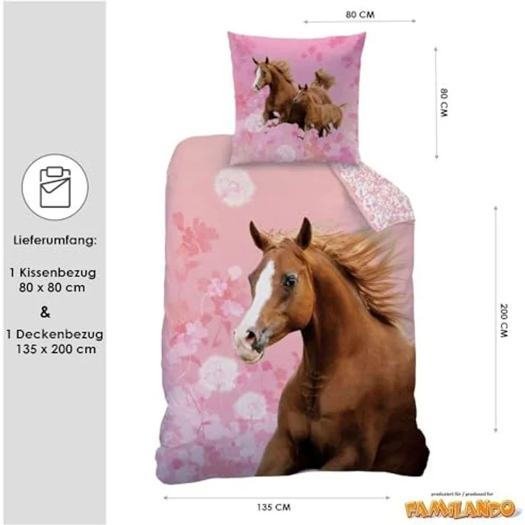 Matt&Rose Pferde-Bettwäsche 135x200 Mädchen 80x80 cm 100% Baumwolle Biber/Flanell Kinder Bettwäsche Set Mädchen Wende-Bettwäsche rosa, braun, Blumen, Horse – Bild 3