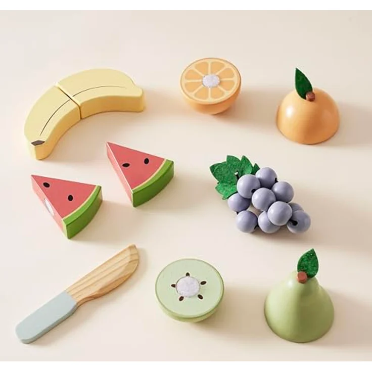 ROBOTIME Holz-Obst-Schneideset für Kinder, Realistisches Spielzeug mit Banane, Birne, Wassermelone, Trauben, Klettverschluss und Tragetasche für sicheres Rollenspiel – Bild 3