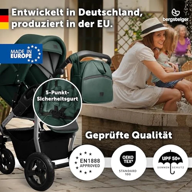 Bergsteiger Capri 4-in-1 Kombikinderwagen – Babywanne, Sportsitz, i-Size Babyschale, Isofix-Station, Luftreifen, höhenverstellbar, faltbar, mit Zubehör – Bild 3