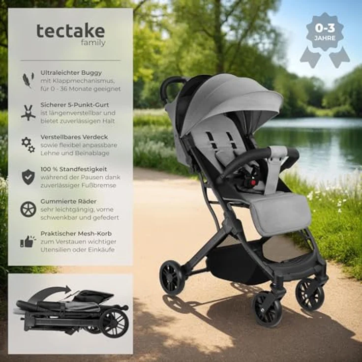 tectake® Buggy Kinderwagen von 0 bis 3 Jahre, einhändig faltbarer Reisebuggy, Kinderwagen mit Verdeck - grau/beige – Bild 2