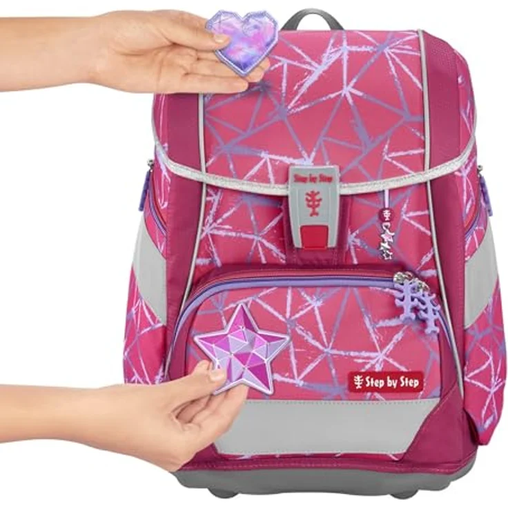 Step by Step Schulranzen-Set 2IN1 Plus „Star Stella“, 6-teilig, ergonomischer Tornister in lila-rosa mit Stern-Design, höhenverstellbar, inkl. Reflektoren und Hüftgurt, 19L für Mädchen ab der 1. Klasse – Bild 3