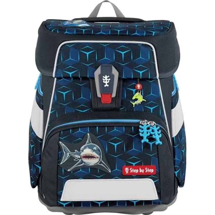 Step by Step Schulranzen-Set Space Shine „Shark Dexter“ 5-teilig, ergonomischer Tornister aus reflektierendem Material, höhenverstellbar, 20L, blau-schwarz, Hai – Bild 2
