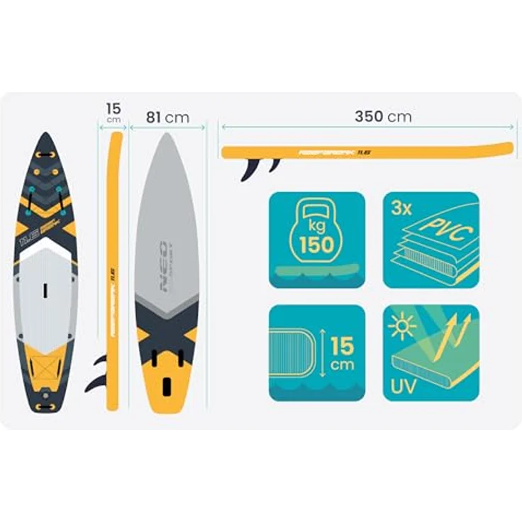 Neo-Sport Reefbreak 11.6, Aufblasbares Stand Up Paddle Board Set, 350 cm, inkl. Doppelpaddel, Handpumpe, Leash, Rucksack, für bis zu 150 kg, rutschfestes EVA-Deck – Bild 4