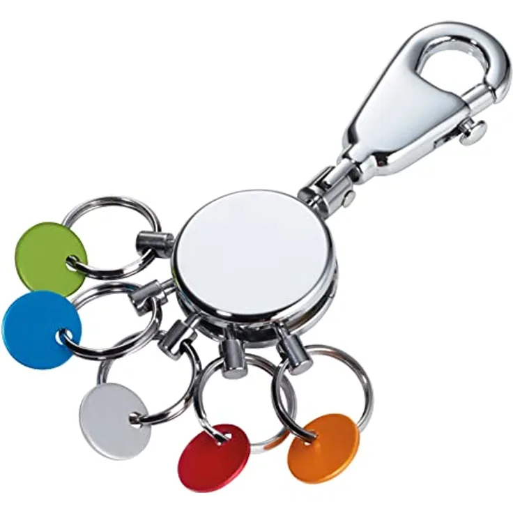 TROIKA PATENT SCHLÜSSELHALTER KYR61/CH, glänzender Schlüsselanhänger mit Karabinerhaken, 6 ausklinkbaren Ringen und farbigen Plättchen zur Schlüsselzuordnung