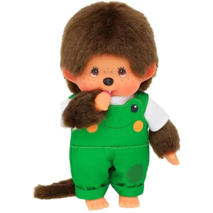 Monchhichi Junge mit Frosch Latzhose, 20 cm Plüschfigur in Braun mit Nuckel und T-Shirt – Bild 3