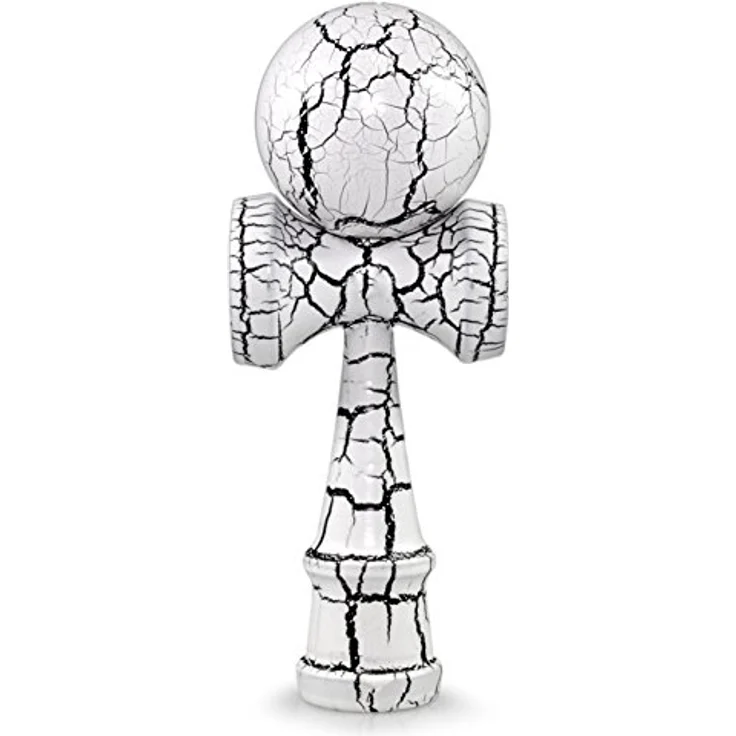 Ganzoo Kendama Spielgerät, traditionelles Geschicklichkeitsspiel aus Buchenholz, mit ball in weiß schwarz Blitze, drei Fangtassen und Auffangstift, Kugel Ø 6 cm, Höhe 16 cm – Bild 1