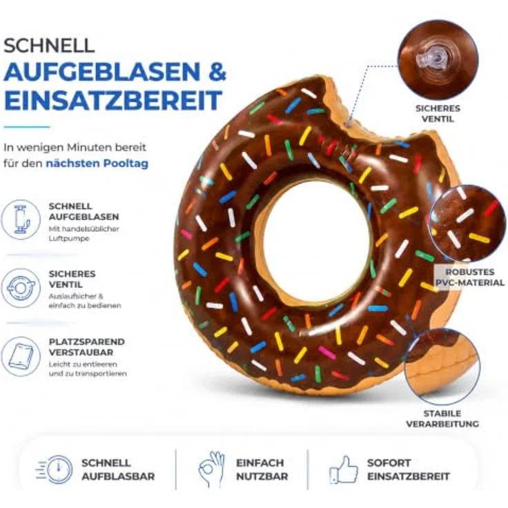 TK Gruppe Timo Klingler Aufblasbarer Donut Schwimmring braun Ø 120 cm mit Biss - Ideal für Pool, Strand und Wasseraktivitäten – Bild 3