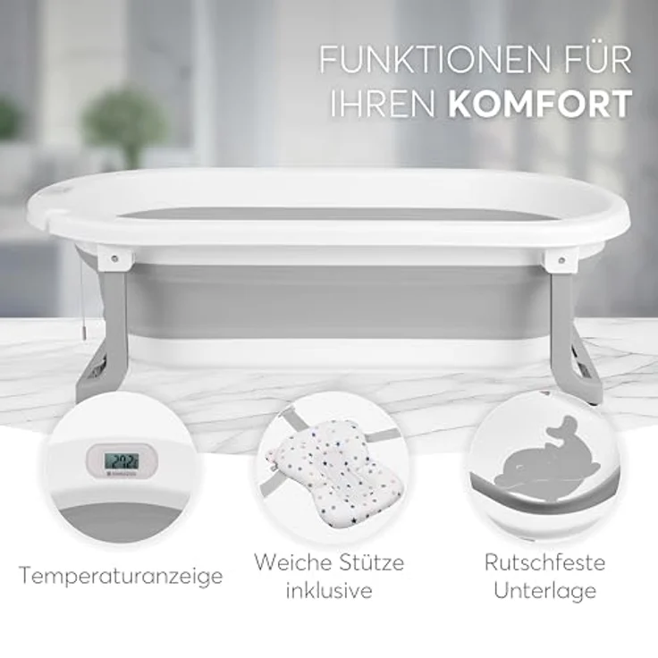 KikkaBoo Babybadewanne WILLY, Faltbar mit Temperaturanzeige, Weichem Badekissen und Rutschfesten Beinen, Grau, für Neugeborene 0-36 Monate – Bild 4