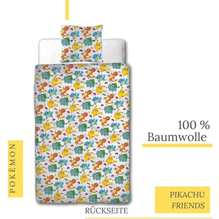 Bettwäsche Pokemon 135x200 + 80x80 · Pokémon Pikachu & Friends Game · 100% Baumwolle · 2 teilig Teenager Kinder-Bettwäsche – Bild 3