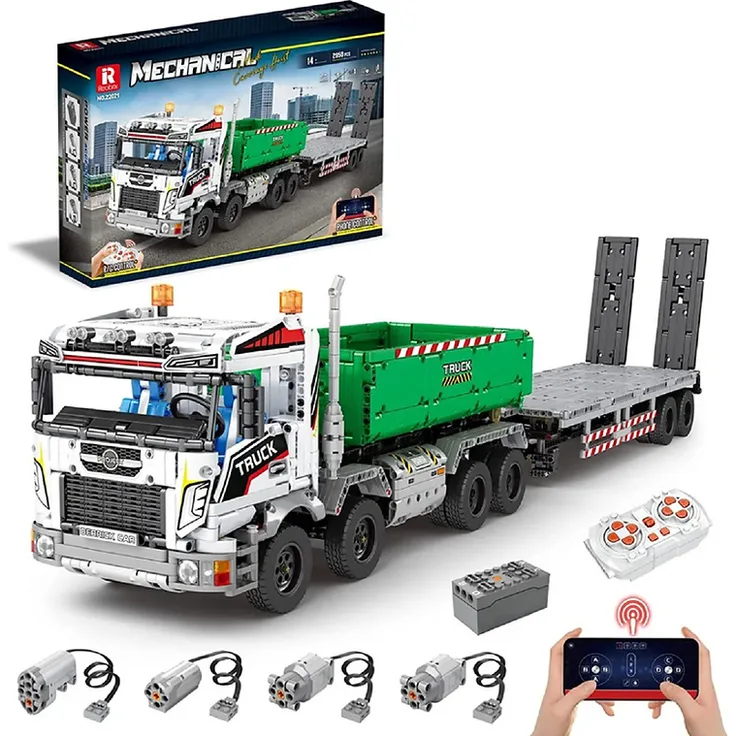 Reobrix 22021 Technik LKW, Ferngesteuertes Modell mit 2.950 Teilen, motorisierte Lenkung, aufziehbarer Anhänger, RC-Control