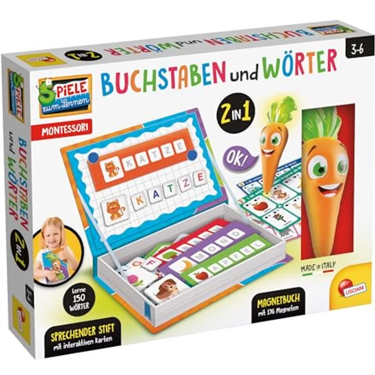 Lisciani Montessori Carotina - Buchstaben und Wörter 2 in 1, Lernspiel mit magnetischen und elektronischen Elementen, Made in Europe